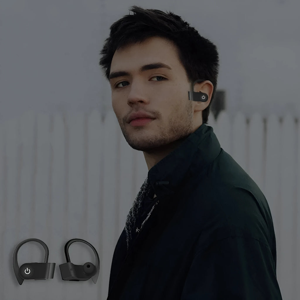 V5.0 Bluetooth wireless earphones in black, grey or red colours with ergonomic design for secure fit