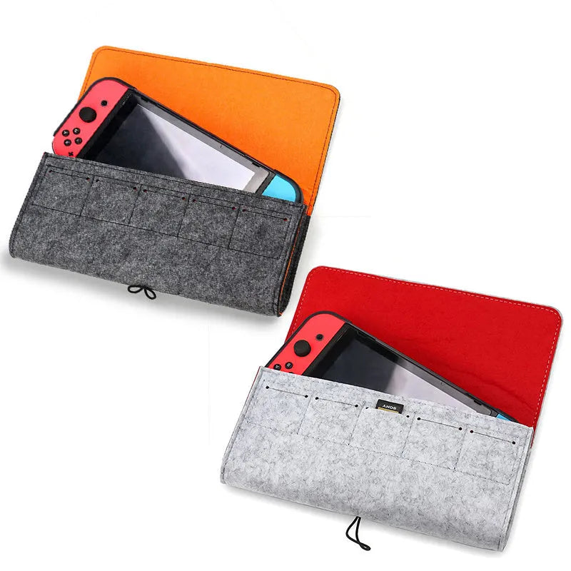 Black felt pouch for Nintendo Switch with game card slots and double layer storage compartments