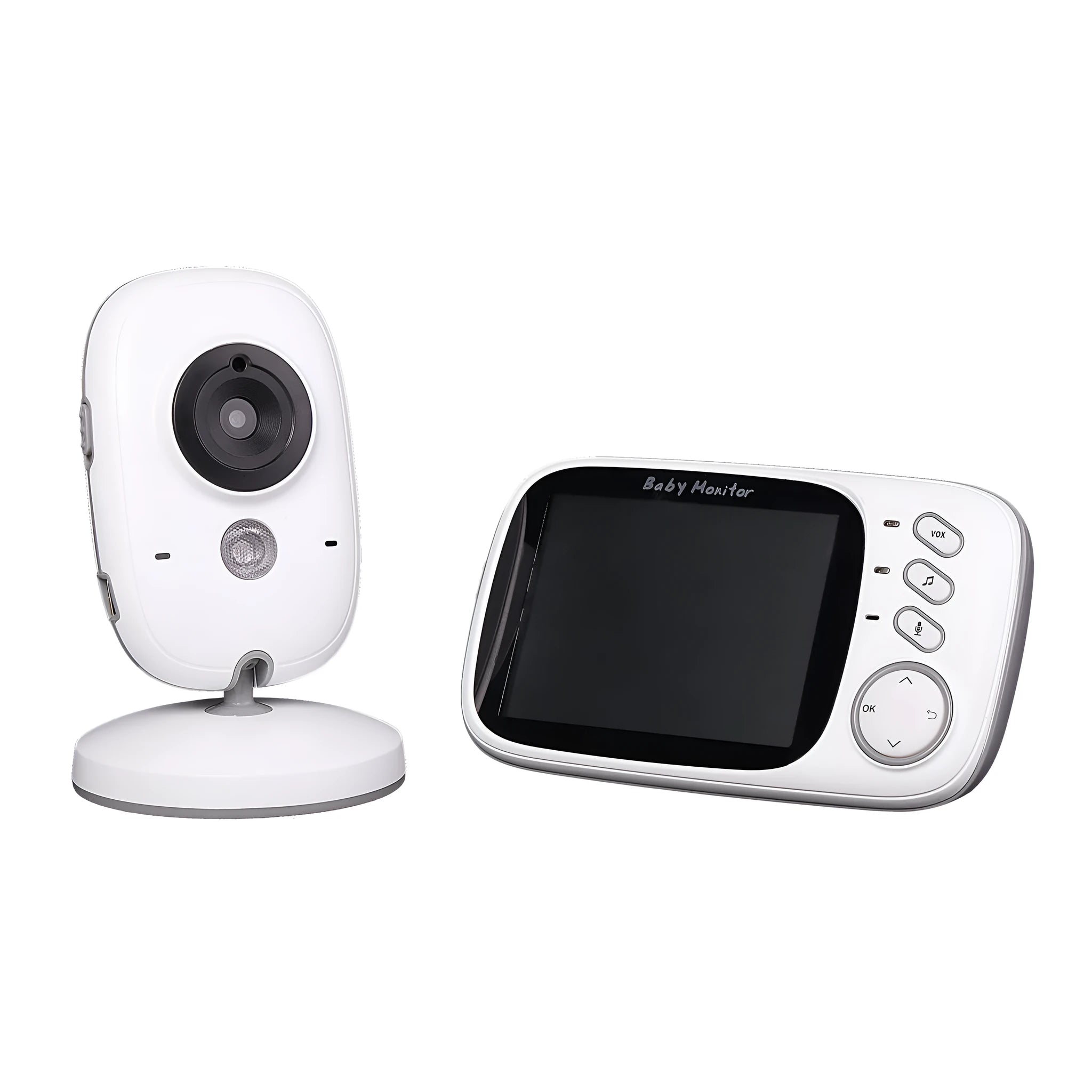 VB603 digital baby monitor with parent unit showing 3.2-inch screen and separate camera with infrared LEDs.