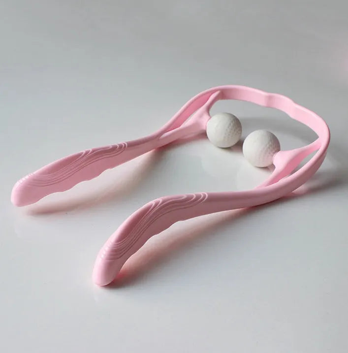 Plastic hand-held neck and shoulder massage roller in blue, with adjustable stand and 3D floating-point massage head.