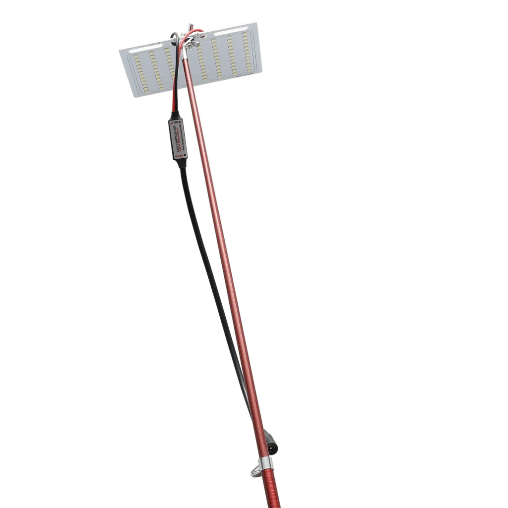 White LED fishing rod light with telescopic pole extended, remote control, showing 120x95mm panel size