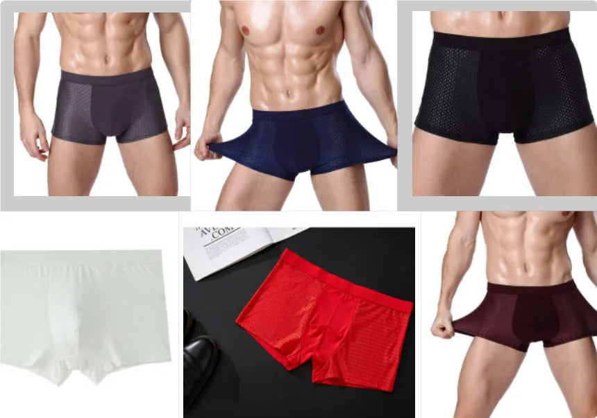 Men's solid colour ice silk boxer briefs with a U-convex design on a mid-waist.