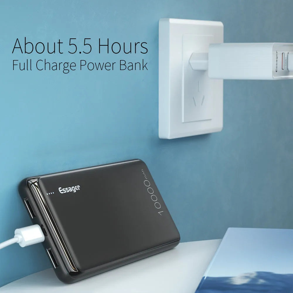 Black or white Essager 10000mAh portable power bank showing dual USB ports and LED indicator lights.