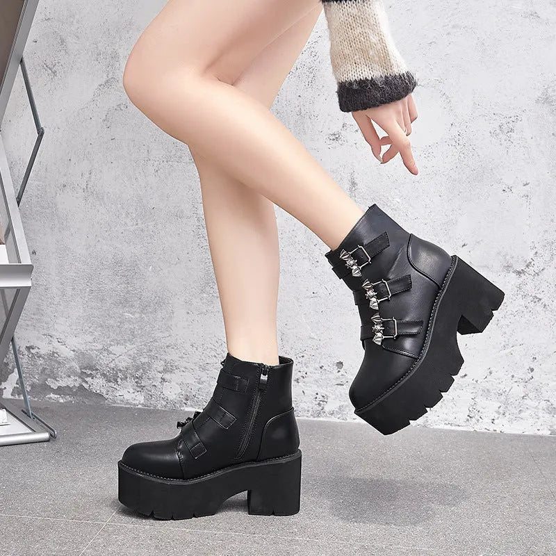 Black women's Harajuku punk style Martin boots with bat buckle detailing and side zipper