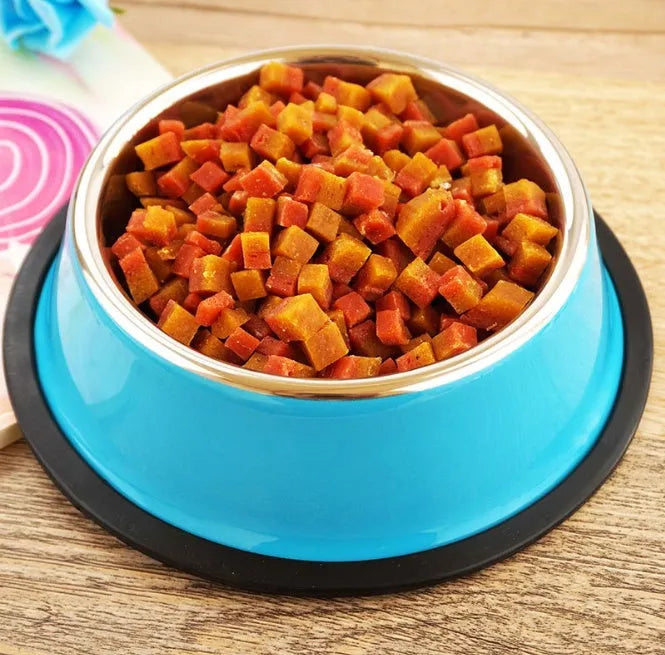 Stainless steel pet bowl with colourful melamine exterior and non-slip rubber base ring