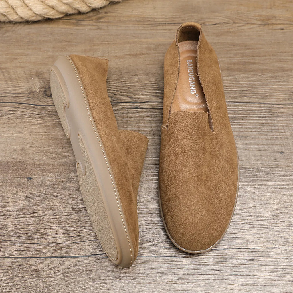 Men's handmade casual leather shoes in khaki or grey with flat wedge rubber sole