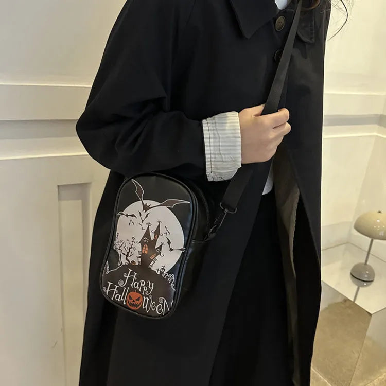 Halloween graffiti print crossbody shoulder bag with pumpkin ghost bat design