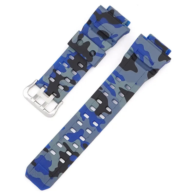 Camouflage pattern TPU rubber watch strap with a silver buckle.