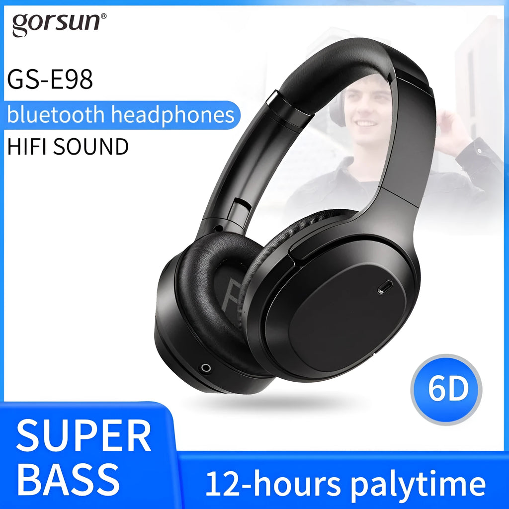 Black Gorsun E98 over-ear wireless Bluetooth headphones with adjustable headband.