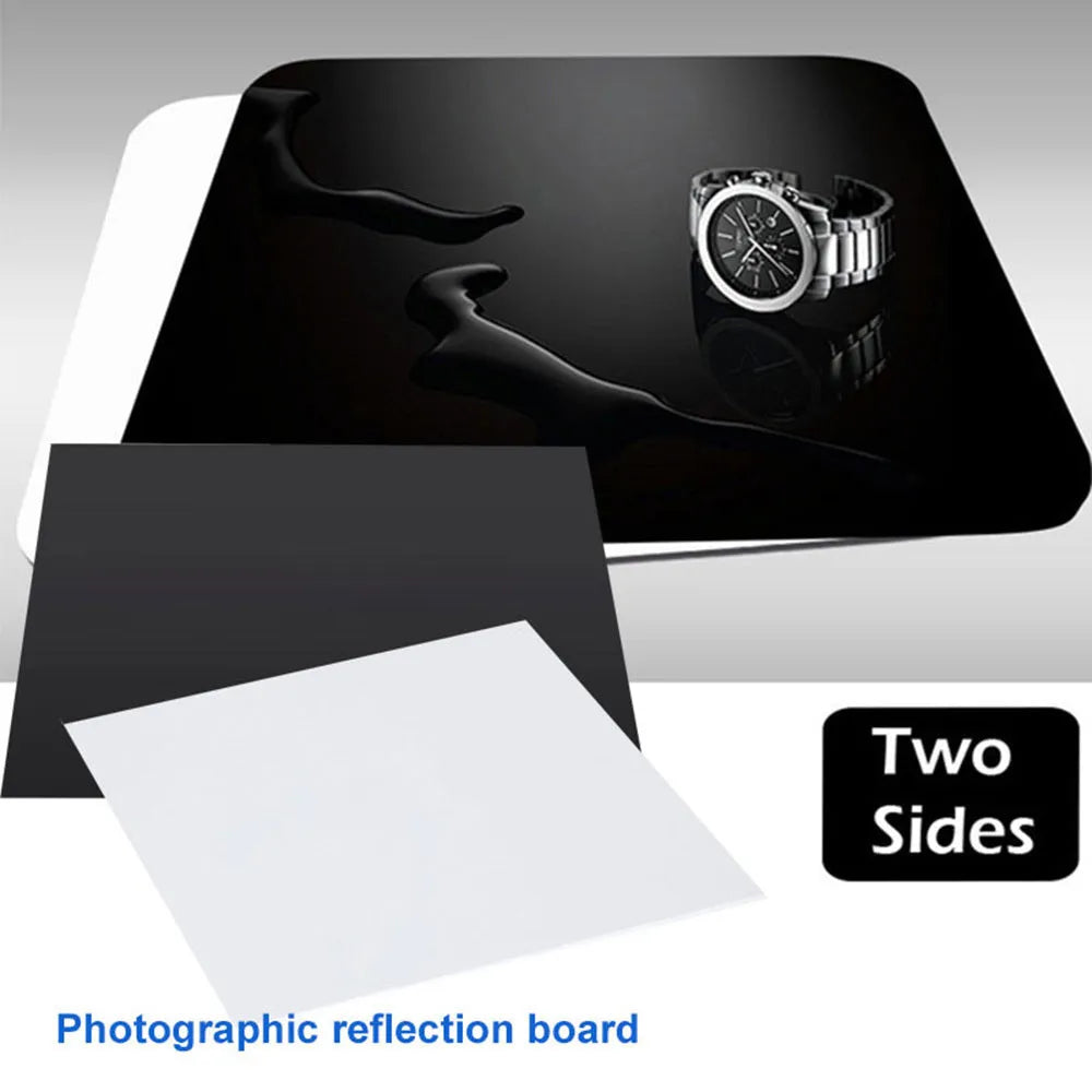 Black and white acrylic reflection boards in 20cm, 30cm, and 40cm square sizes for jewellery photography