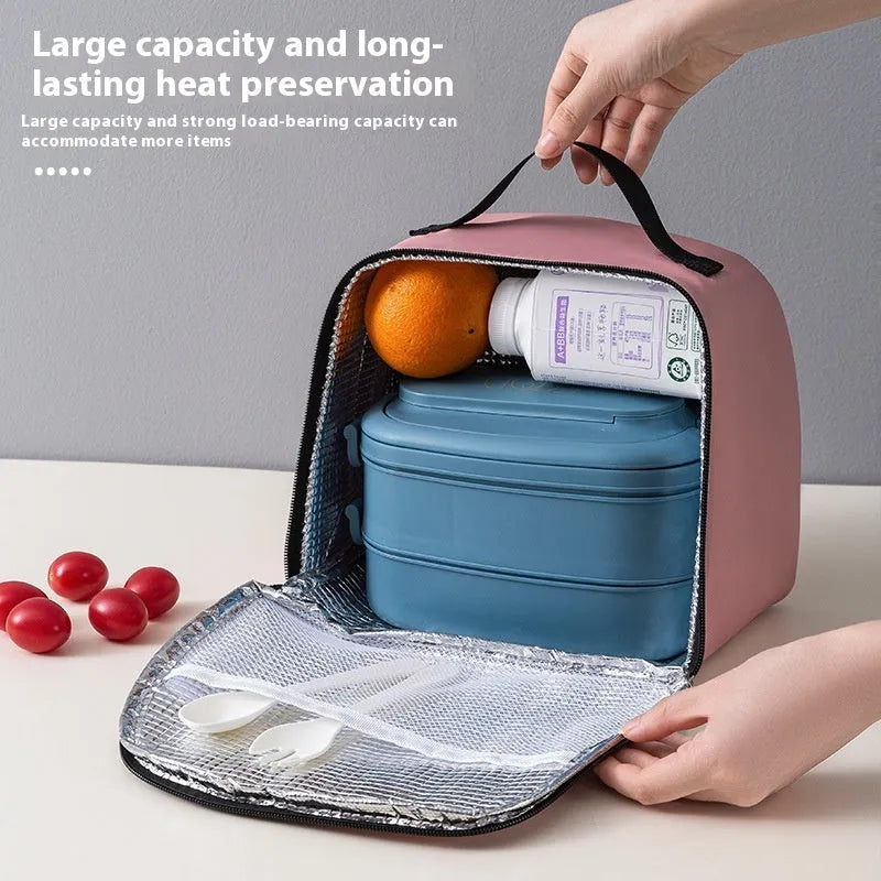 Insulated large capacity bento handbag in textured cloth, shown in purple colour.