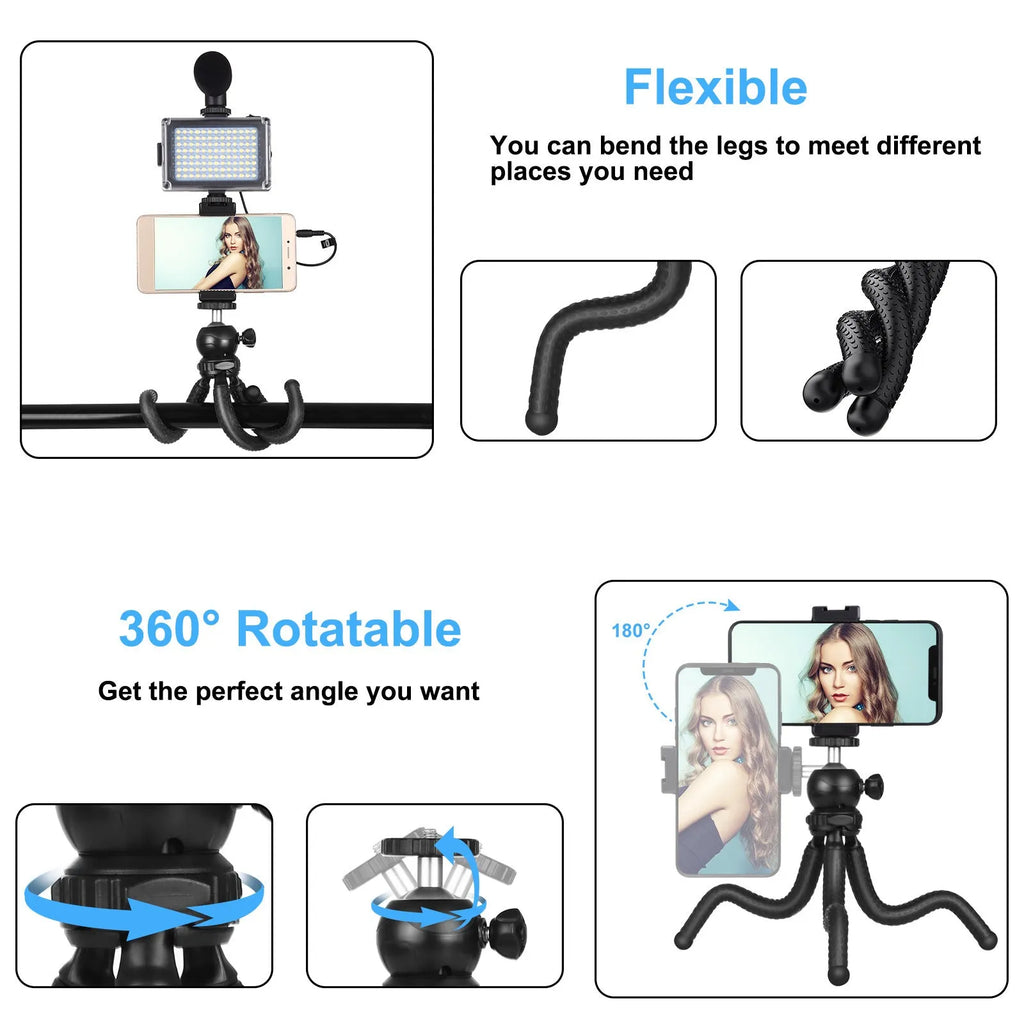 Black octopus flexible tripod stand with fill light and microphone for live streaming