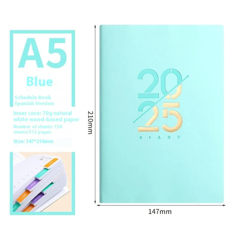 A5 daily schedule book with soft faux leather cover, open to show thread-bound 150 pages.