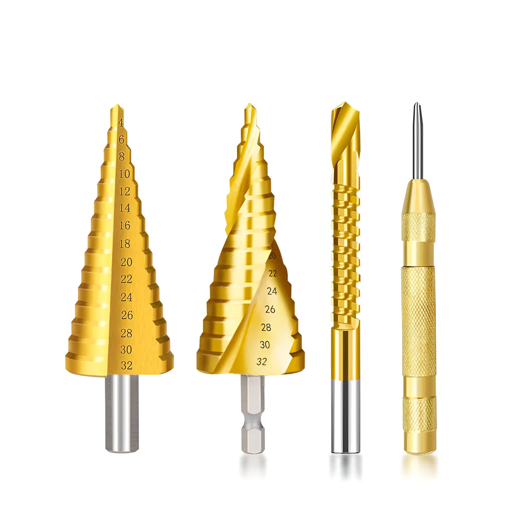 High-speed steel cone drill bit punch set with centre punch in six colour-coded configurations