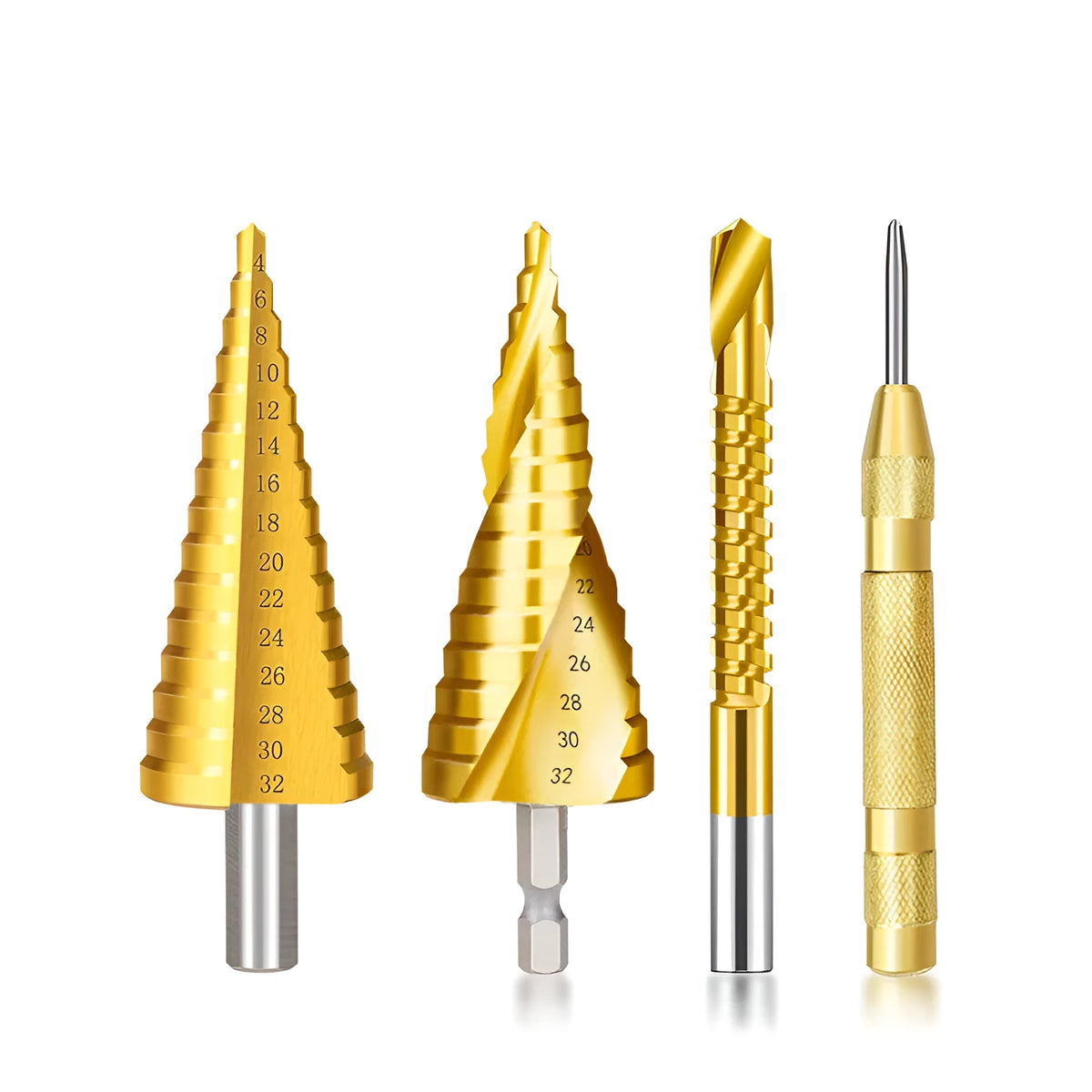 High-speed steel cone drill bit punch set with centre punch in six colour-coded configurations