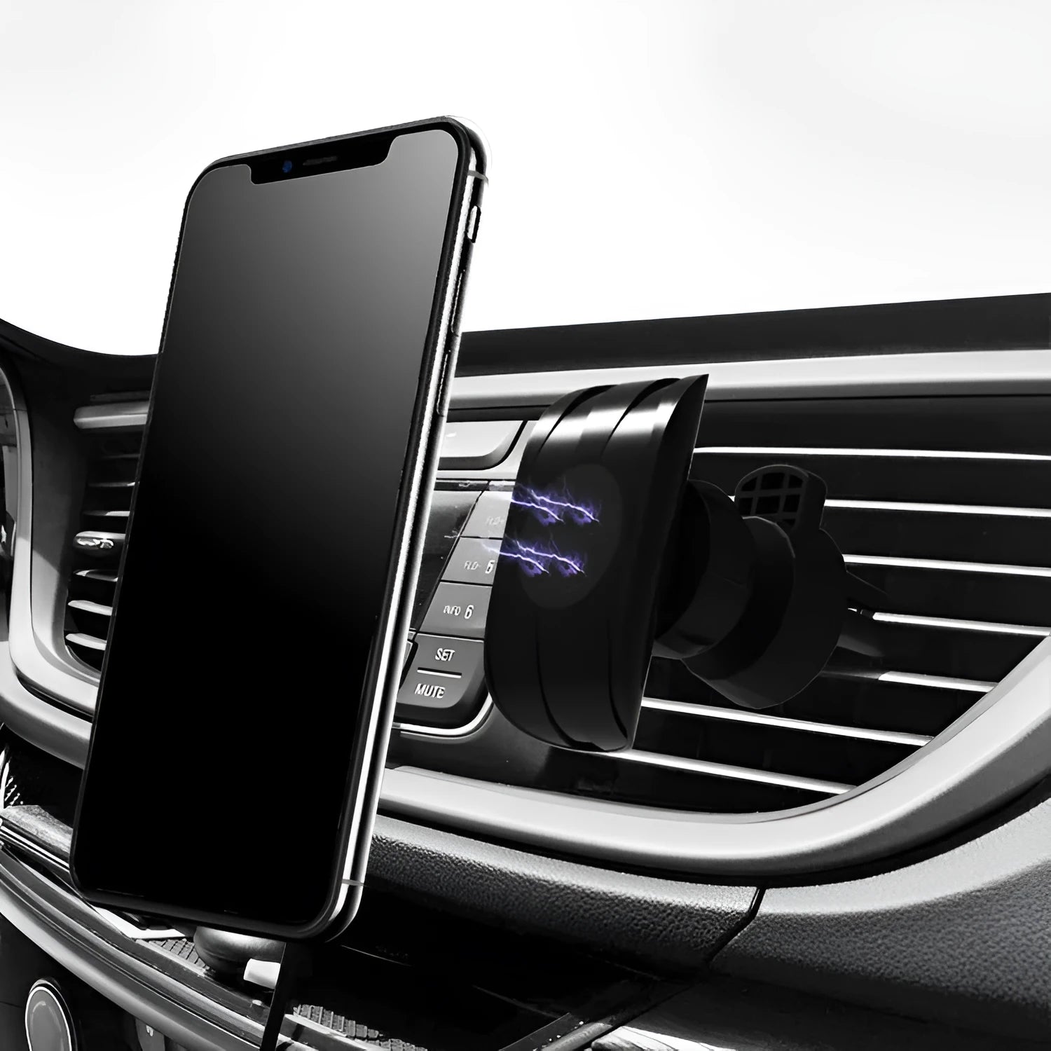 Glory black car phone holder mounted on a vehicle air vent holding a smartphone
