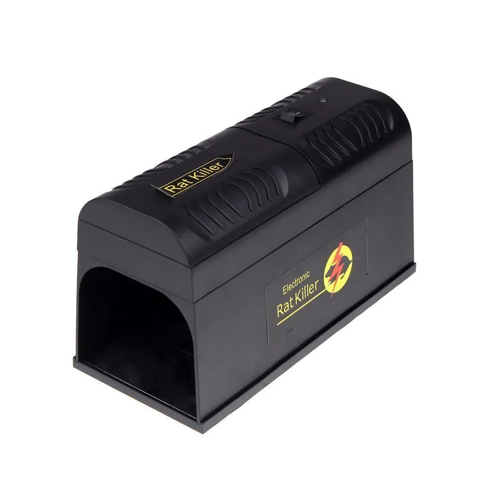 Black electronic rodent killer device with high voltage trigger measuring 208x115x75mm