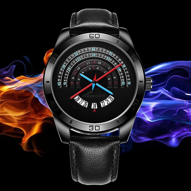 Men's sports wristwatch with black leather strap, 42mm alloy case, stainless steel buckle, 10mm dial