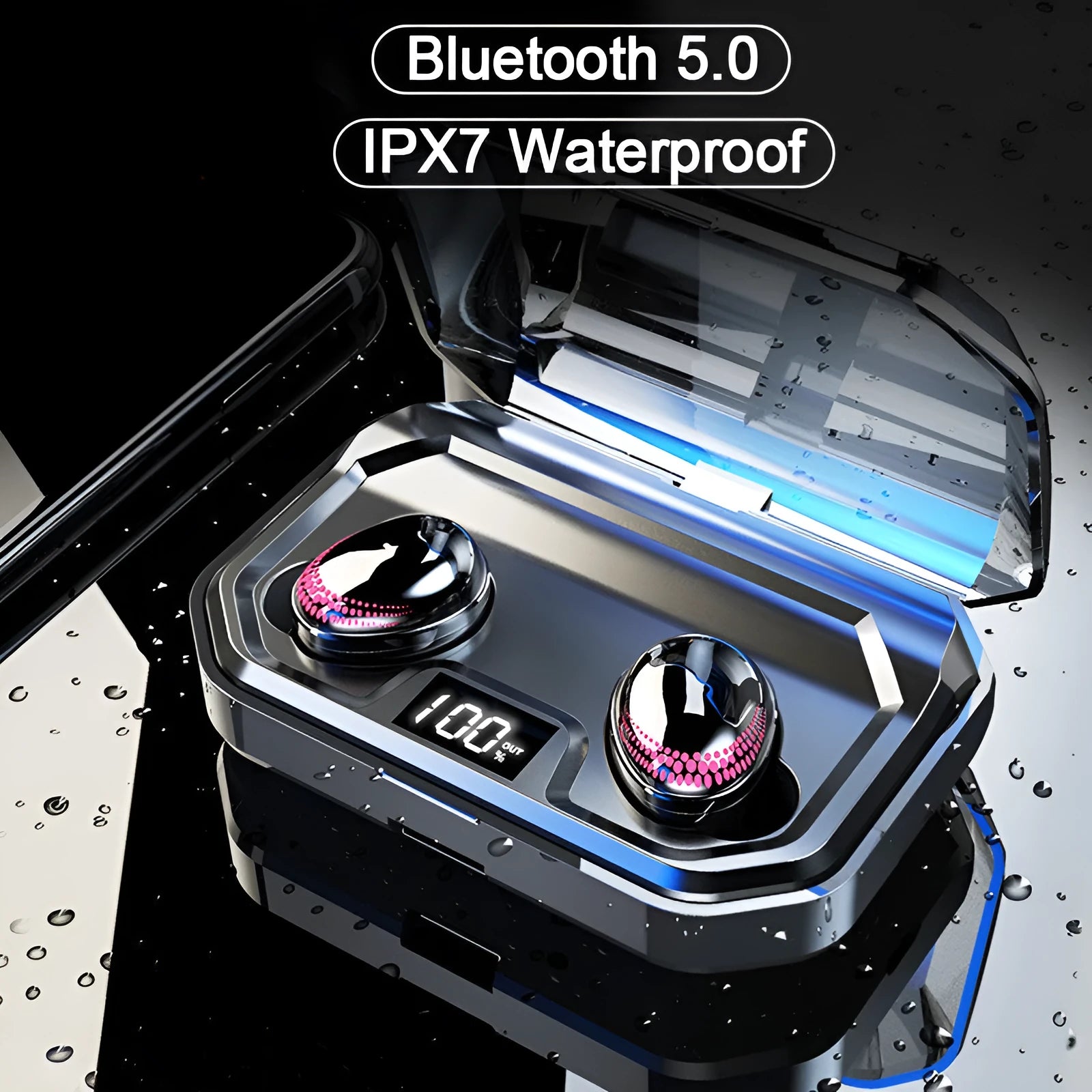 Black Bluetooth headset with charging case showing 8-hour call time and 100-hour standby specifications