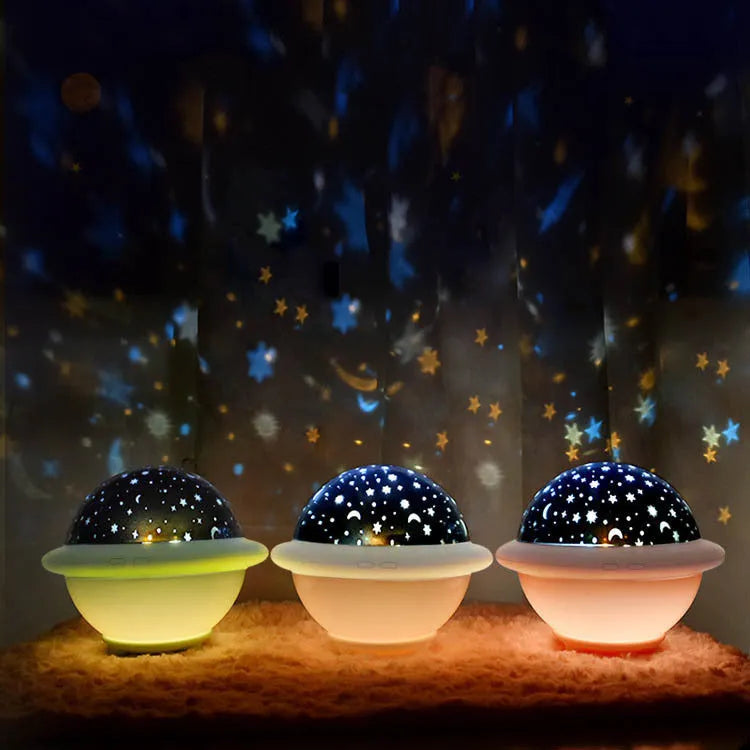 UFO shaped plastic LED night light projecting starry sky effect available in pink white and green
