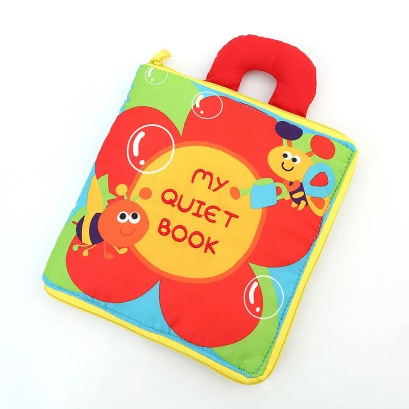 Multi-functional soft cloth baby book with zip and carry handle, 18.5cm wide by 20cm high, 12 pages.