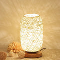 Brown woven hemp rope Sepak Takraw desk lamp with solid wood base and USB cable