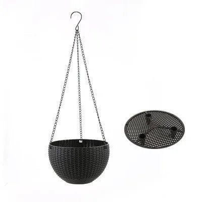 White hanging plant basket with inner tank and metal chain, showing 210mm diameter.