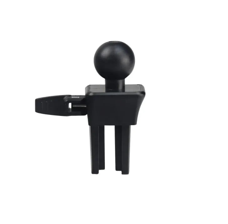 Black plastic car air conditioning vent mobile phone holder showing adjustable clamp for universal device mounting.
