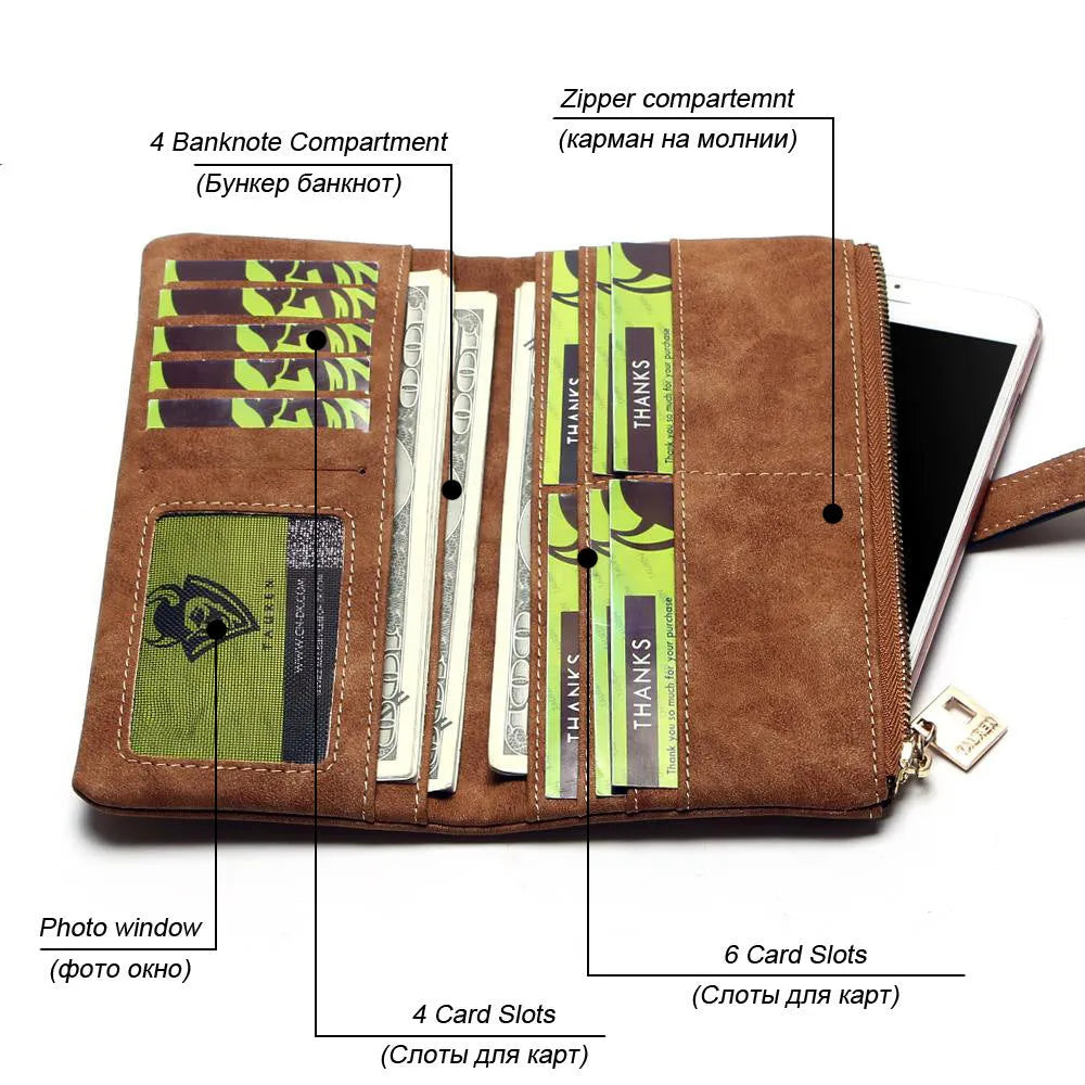 Long retro matte PU leather women's wallet open to show card slots and zip compartment.