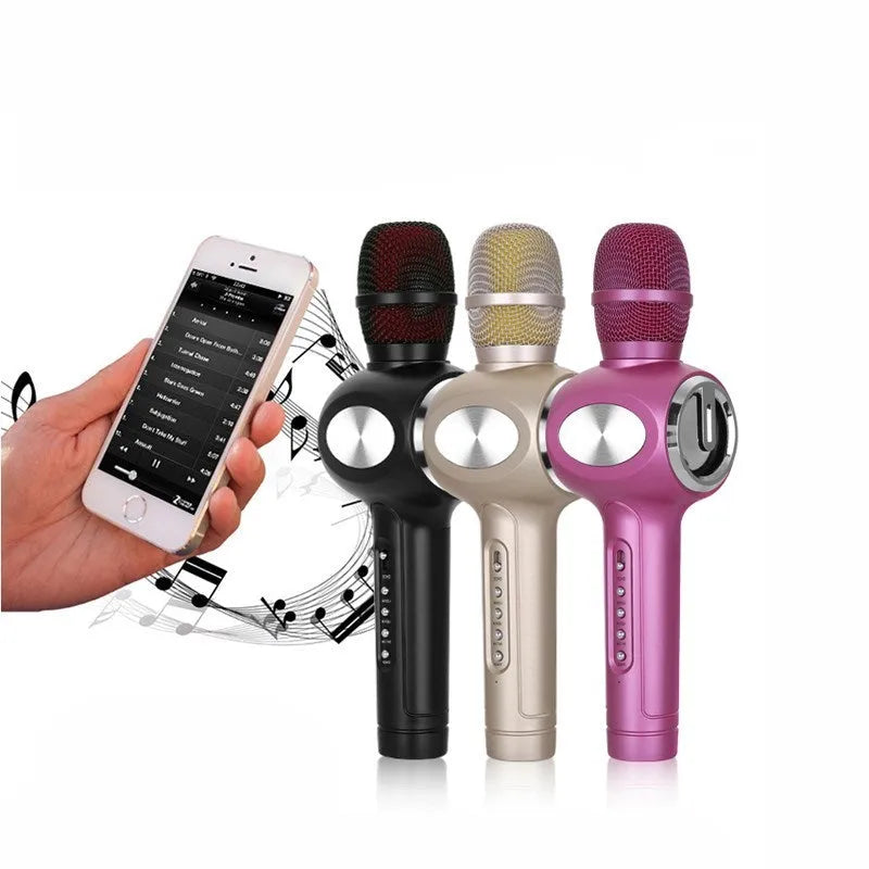 Yaerjia E108 wireless karaoke microphone with integrated speaker in black, gold, or pink colour.