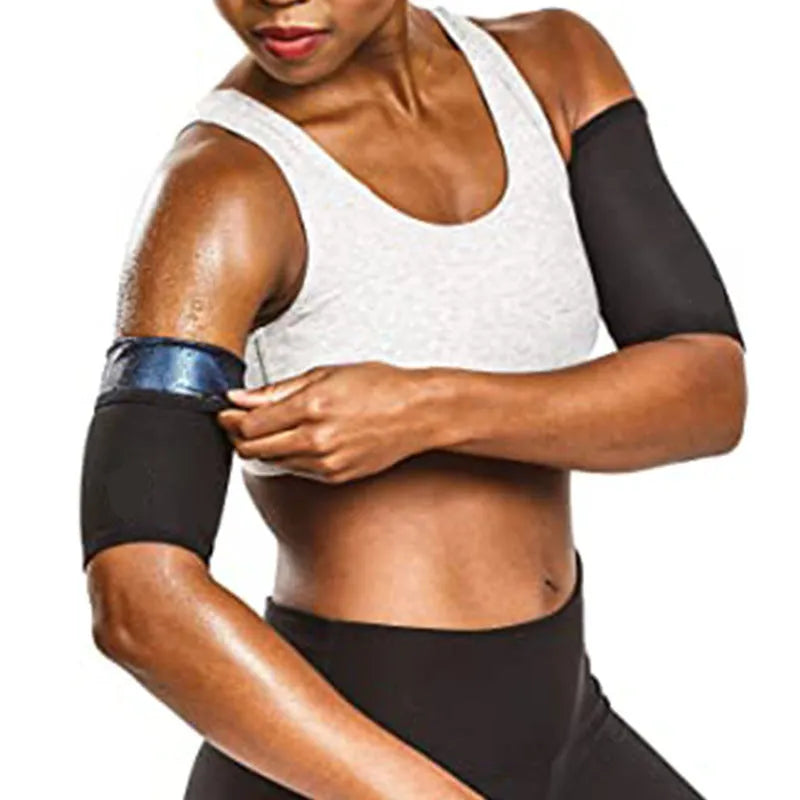 Blue and silver arm compression sweatbands shown in various sizes for sports and yoga.