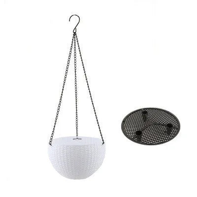 White hanging plant basket with inner tank and metal chain, showing 210mm diameter.