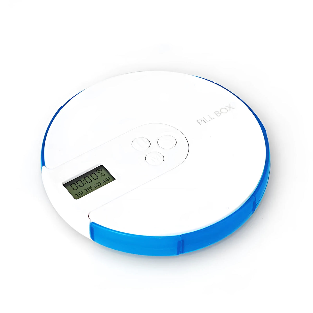 Seven-compartment electronic pill dispenser with alarm clock display, shown in multiple colour options.
