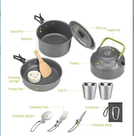 Green camping teapot set with aluminium alloy boiling pot, frying pan, small bowls, burner and cutlery for 2-3 people