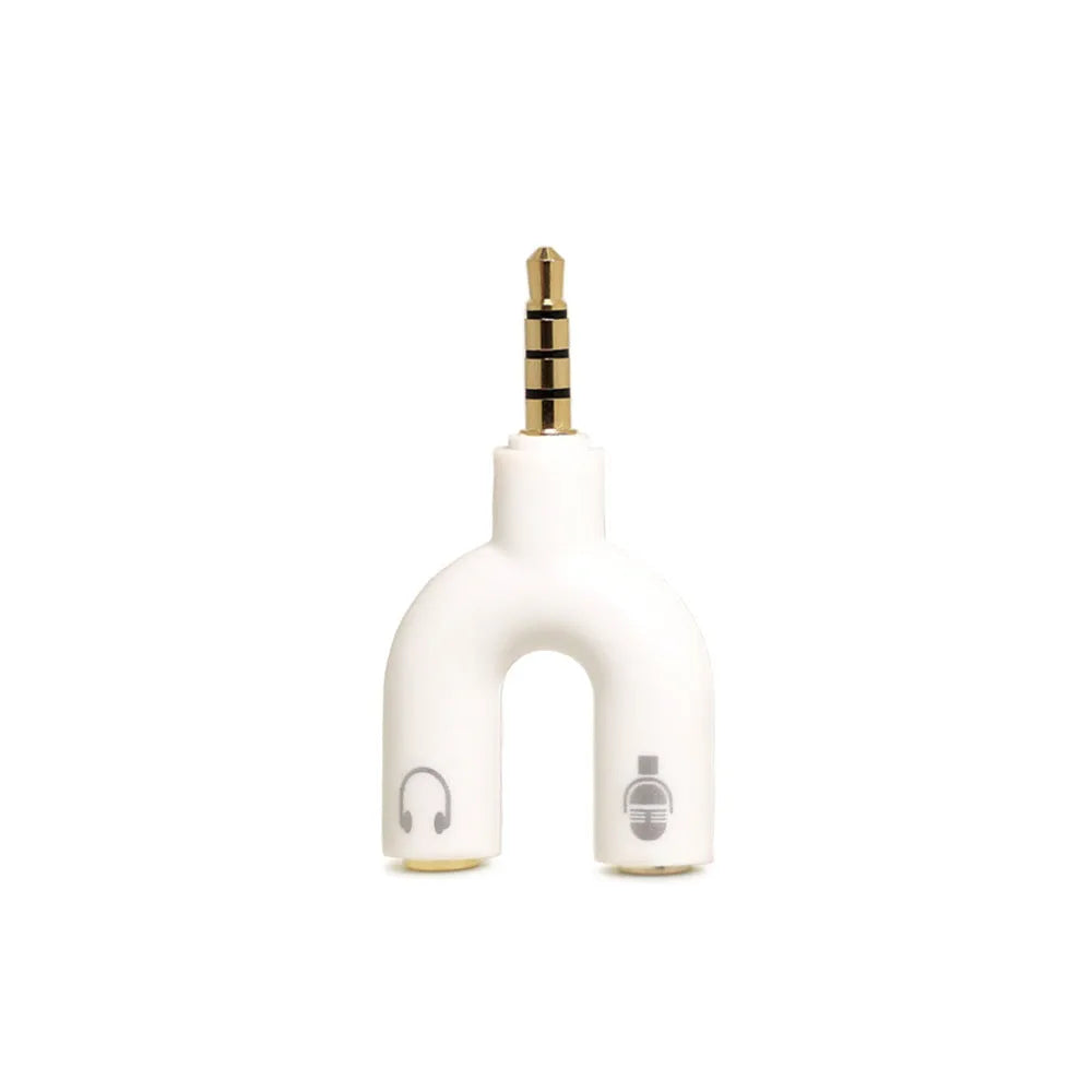 A compact white 3.5mm headphone splitter adapter with two female ports and one male jack.