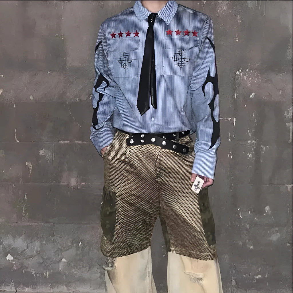 Men's washed-out dirty blue striped casual shirt with long sleeves and lapel collar