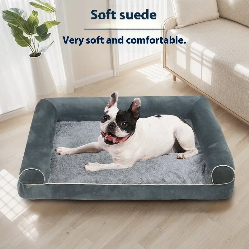 Square cloth pet bed for dogs in dark gray, available in sizes S to 2XL with breathable fabric.
