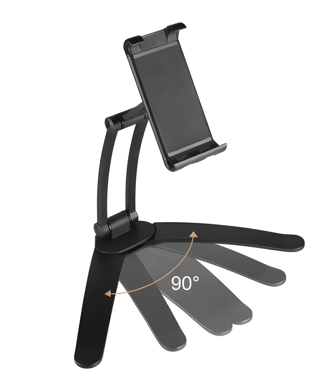 Silver aluminium alloy desktop stand holding a tablet, showing its adjustable clip and mounting base.