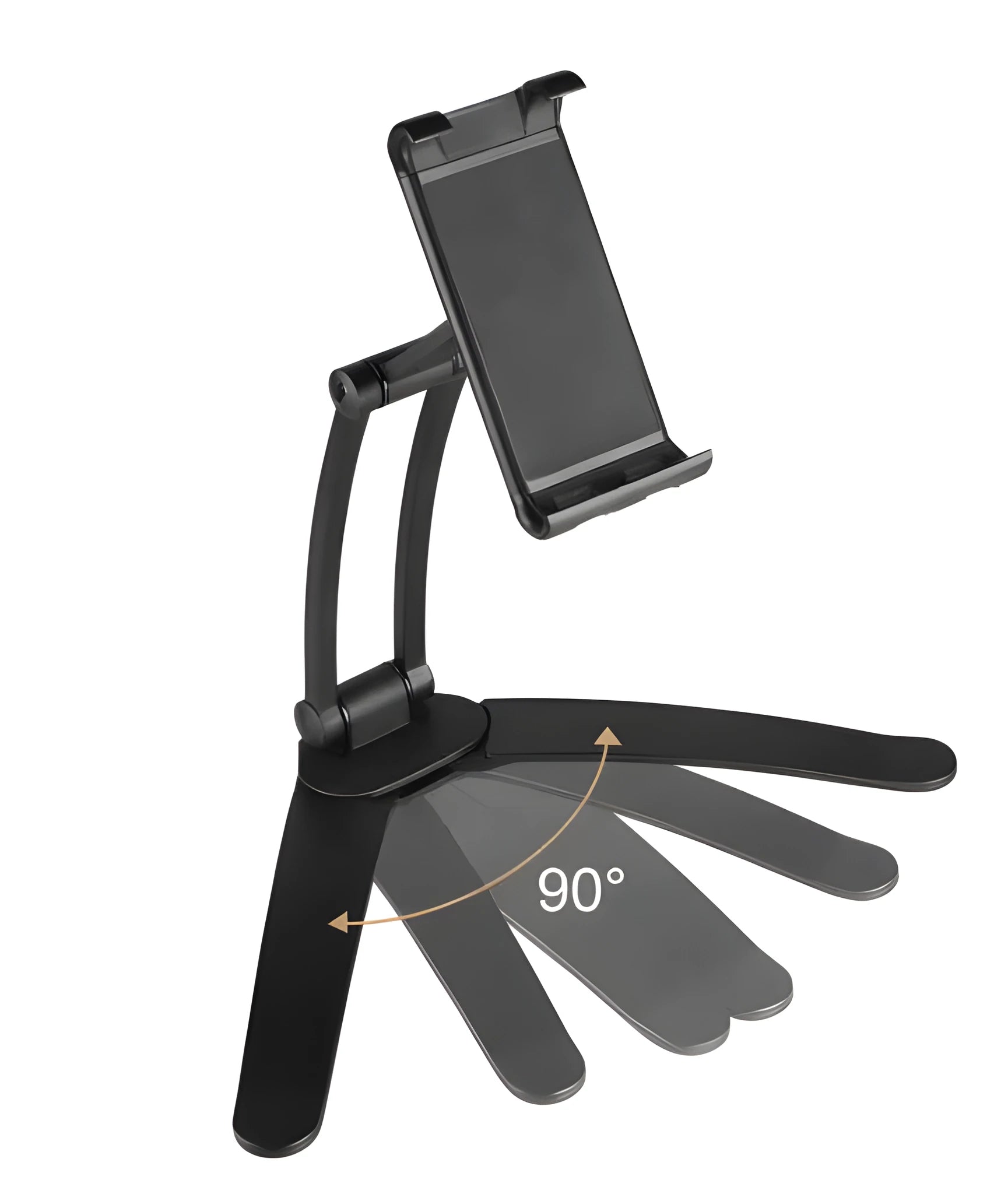 Silver aluminium alloy desktop stand holding a tablet, showing its adjustable clip and mounting base.