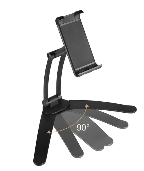 Silver aluminium alloy desktop stand holding a tablet, showing its adjustable clip and mounting base.