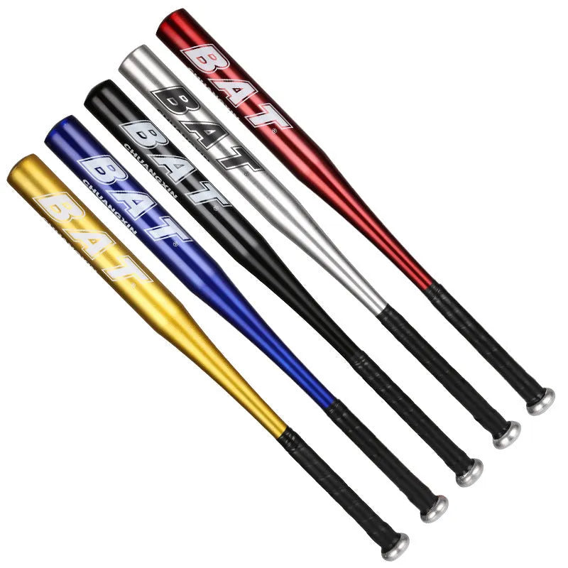 A6061 aluminum baseball bat with non-slip rubber grip, shown in silver, blue, red, black or gold, 20 or 25 inch