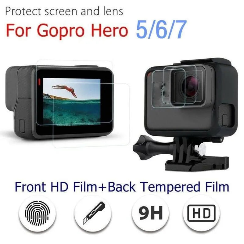 Transparent 9H tempered glass screen and lens protector films for GoPro Hero 5, 6, 7 cameras.