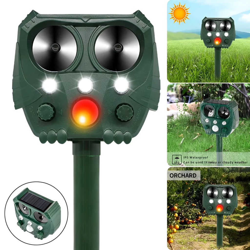Green solar-powered ultrasonic animal repeller with dimensions 12x13x5cm