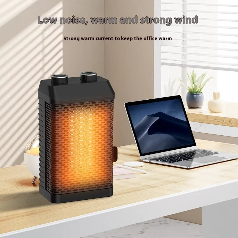 Black remote control desktop electric heater showing compact dimensions and shaking head mechanism