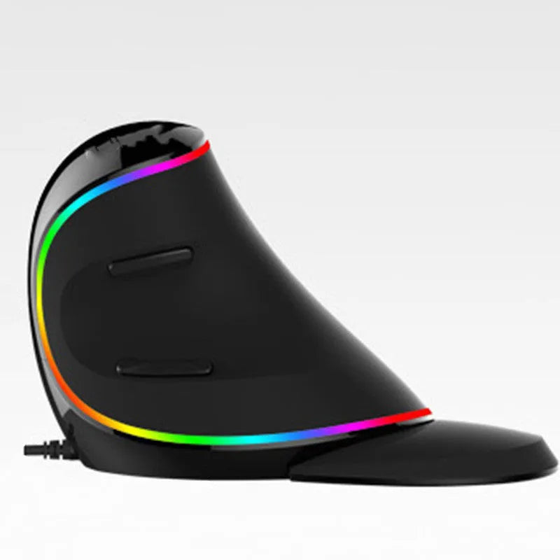 Vertical snail-shaped ergonomic RGB gaming mouse with USB cable on a desk.