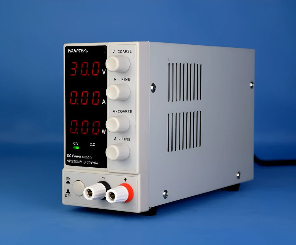 White adjustable DC power supply unit for electronics repair with voltage and current controls