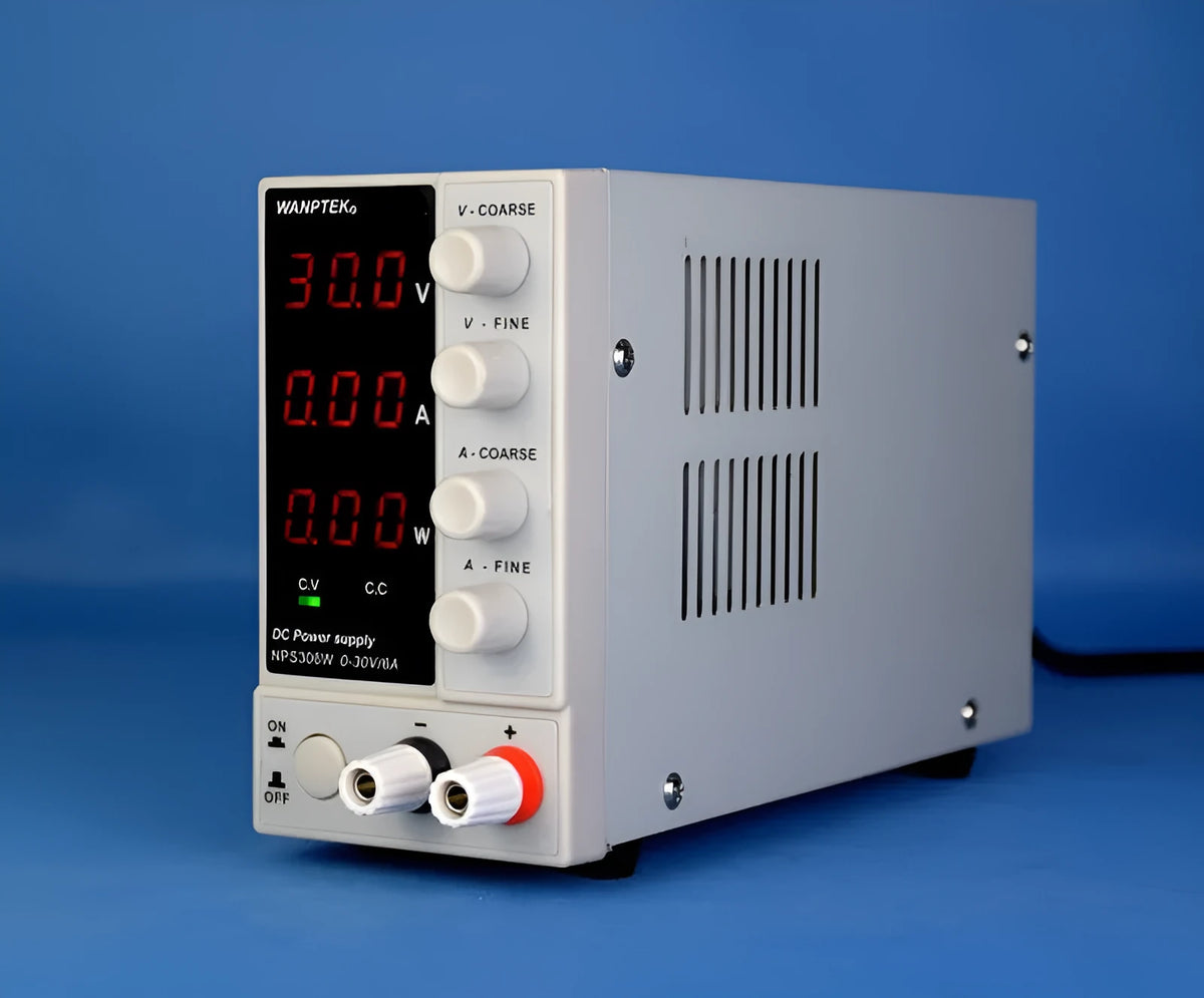 White adjustable DC power supply unit for electronics repair with voltage and current controls