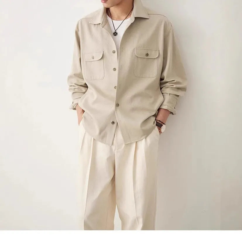 Men's cotton blend long sleeve shirt with simple lapel in light sand rice colour