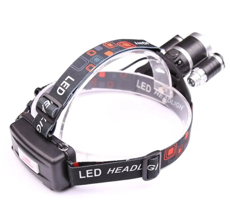 Gold aluminium alloy LED head torch with adjustable focus on an adjustable head strap.