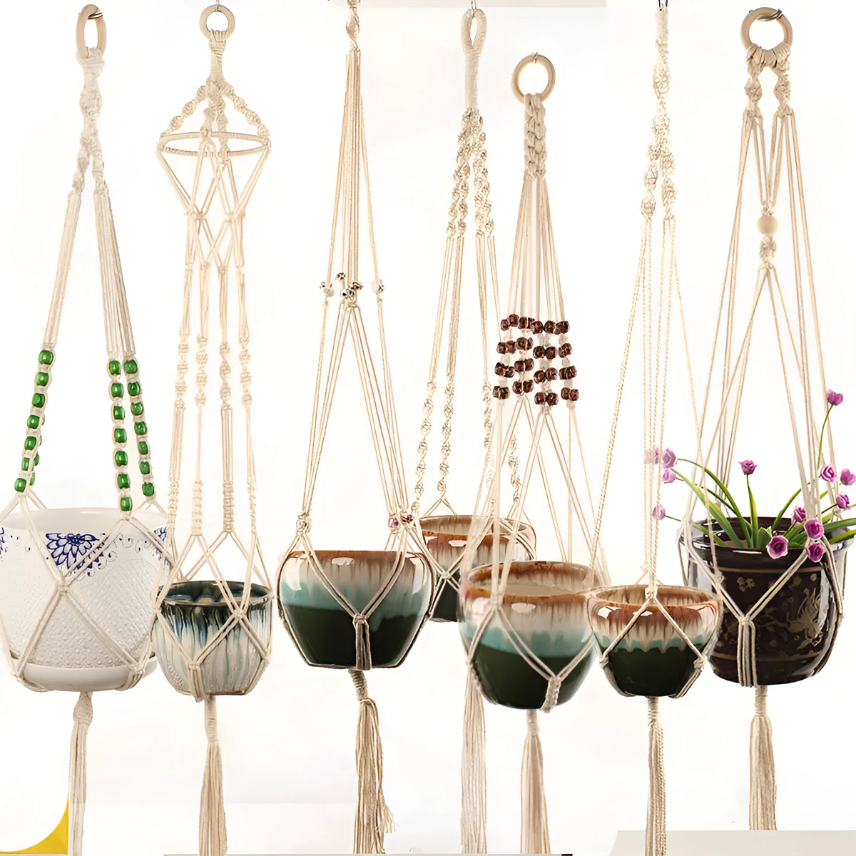 Woven wire rope plant holder with cotton rope in desktop, wall, and hanging styles.